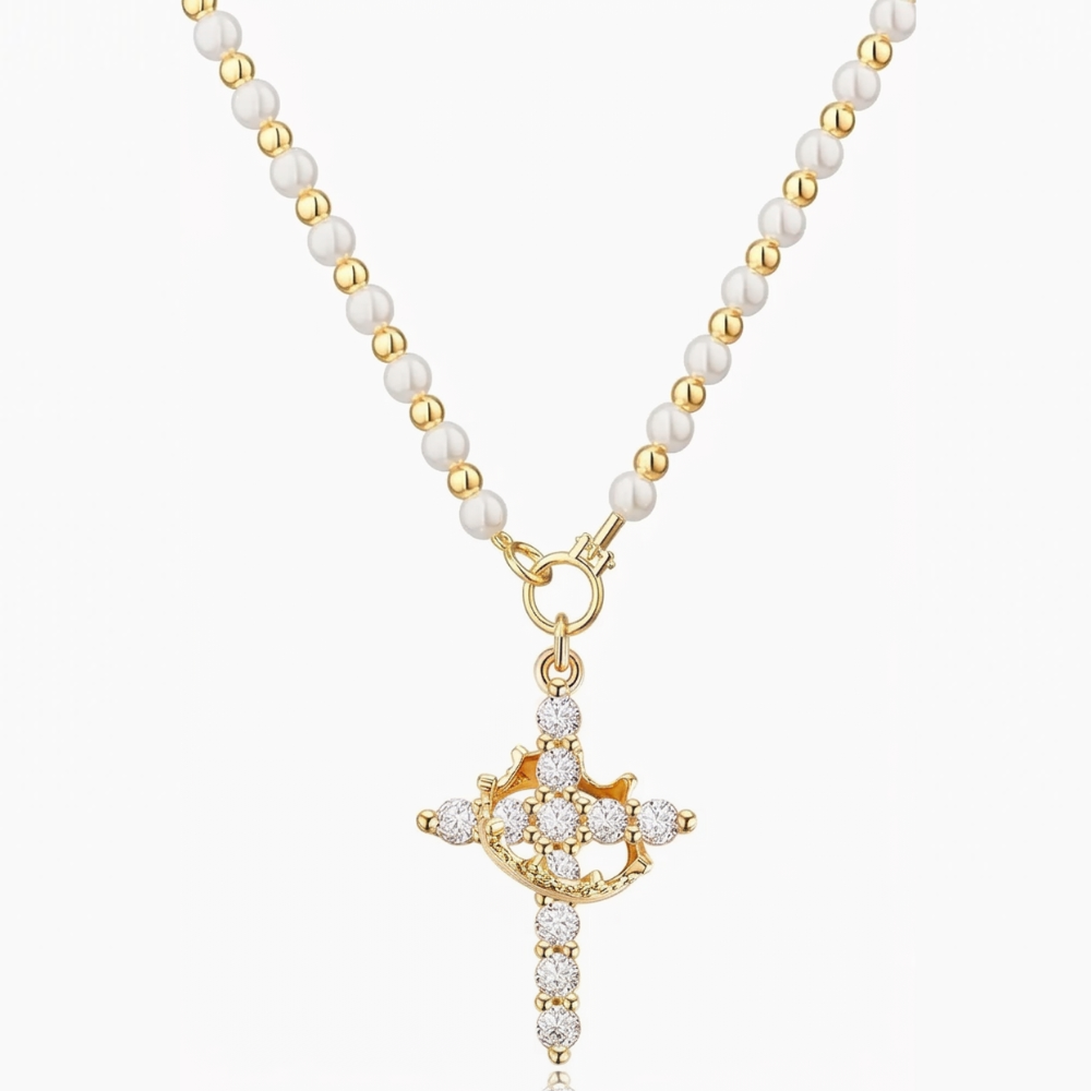 Crownara – Crown Cross Pearl Bead Necklace