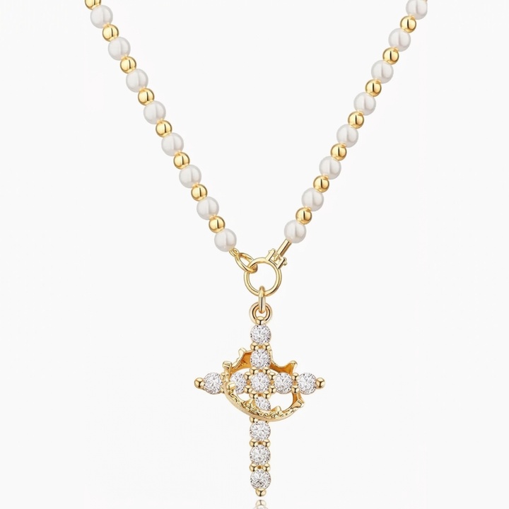 Crownara – Crown Cross Pearl Bead Necklace