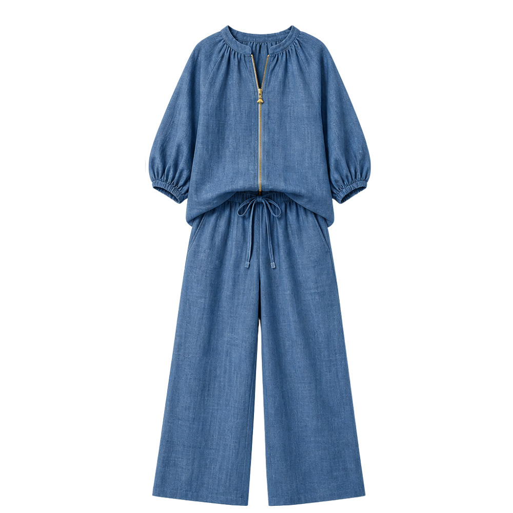 Veluna – Women's Linen Two-Piece Set with Gold Zip