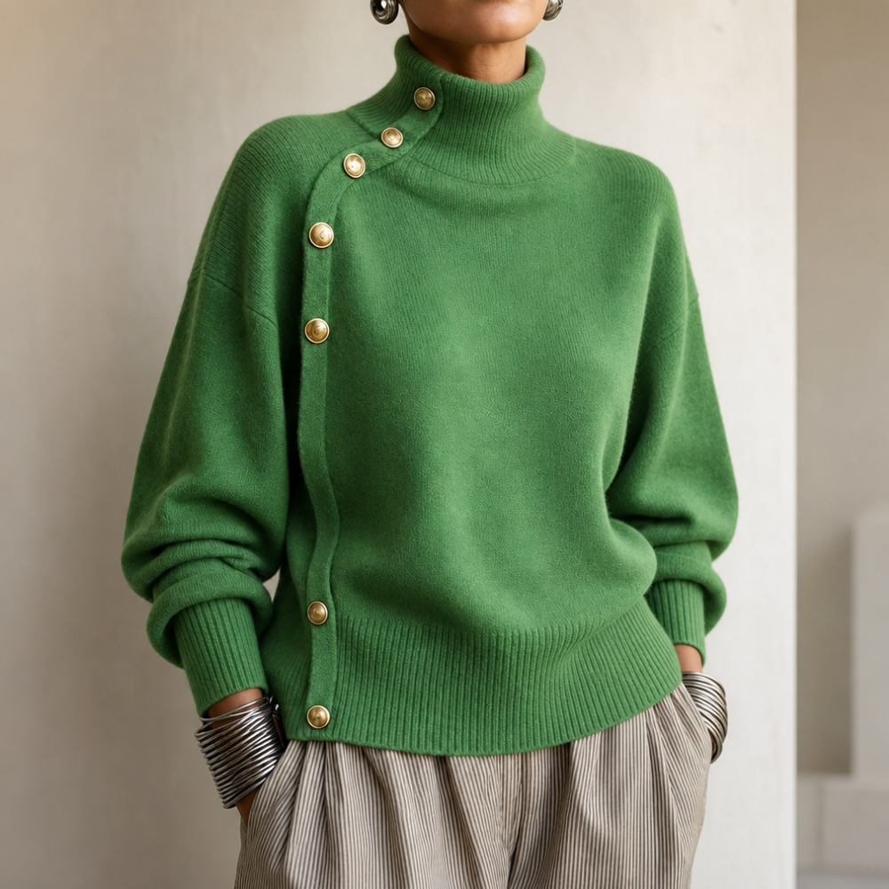 Asymvia – Asymmetric Gold-Tone Button Mock Neck Sweater