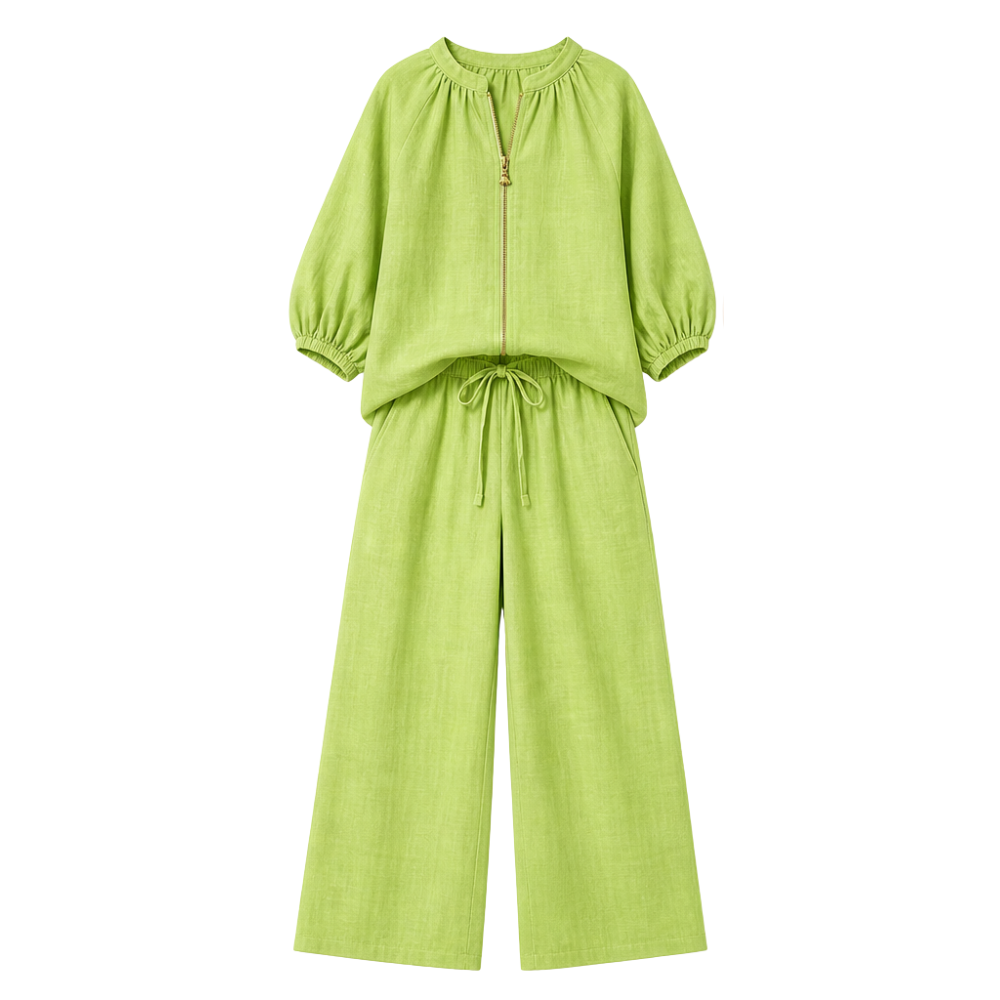 Veluna – Women's Linen Two-Piece Set with Gold Zip