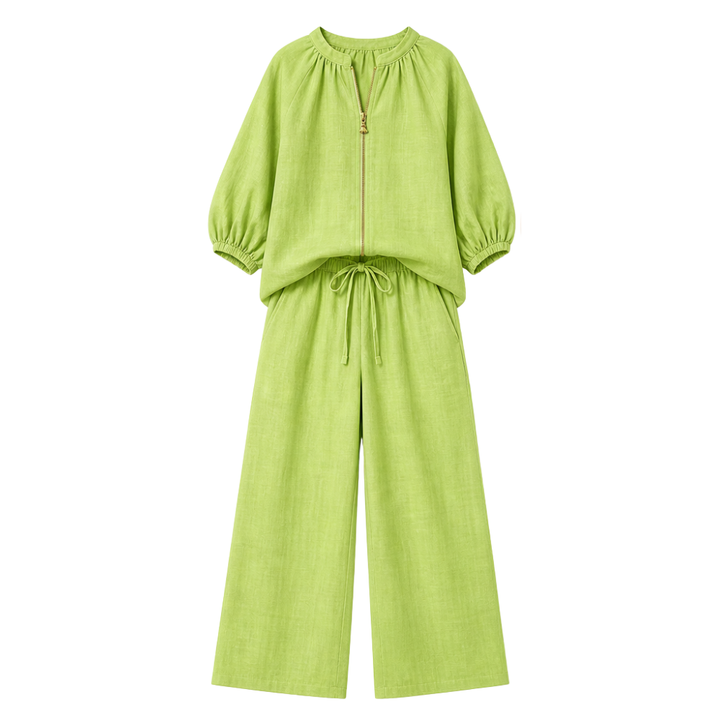 Veluna – Women's Linen Two-Piece Set with Gold Zip