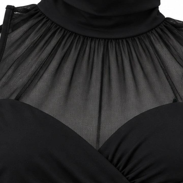 Veilora – Sheer Mesh Crisscross Mock Neck Blouse