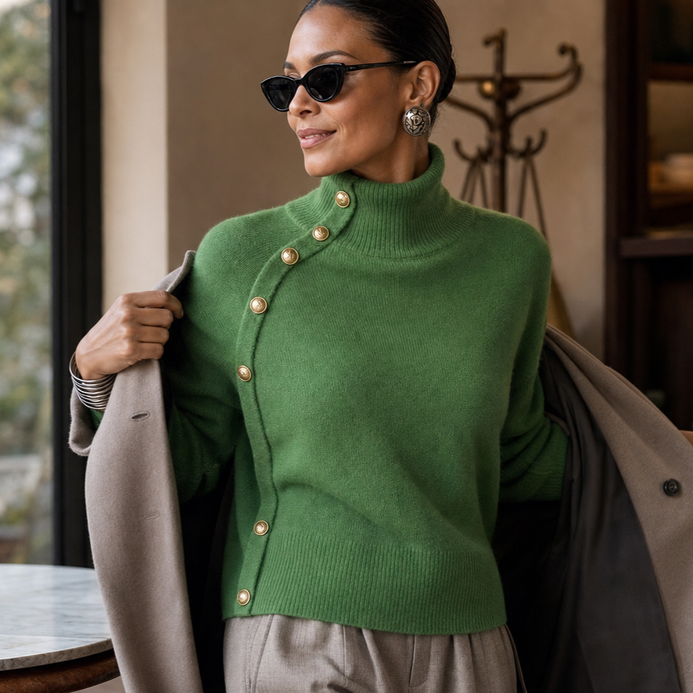 Asymvia – Asymmetric Gold-Tone Button Mock Neck Sweater