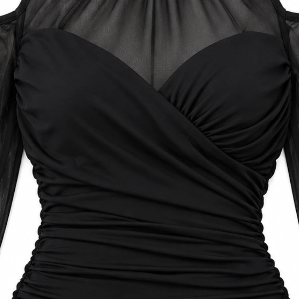 Veilora – Sheer Mesh Crisscross Mock Neck Blouse
