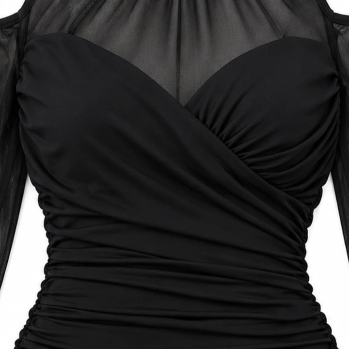 Veilora – Sheer Mesh Crisscross Mock Neck Blouse