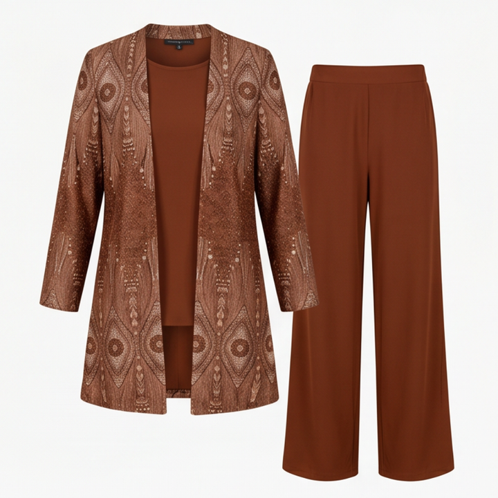 Trielle – Women's 3-Piece Printed Pantsuit Set, Duster, Shell and Wide-Leg Pants