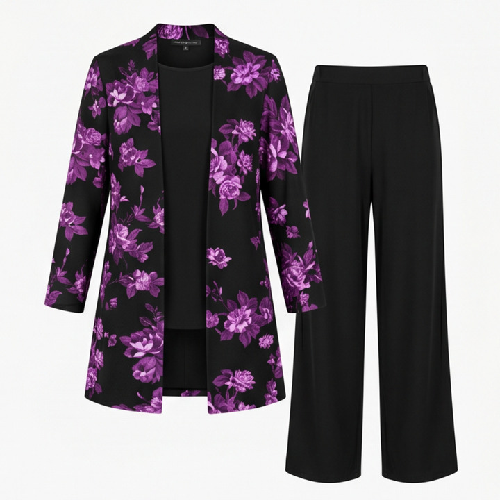 Trielle – Women's 3-Piece Printed Pantsuit Set, Duster, Shell and Wide-Leg Pants