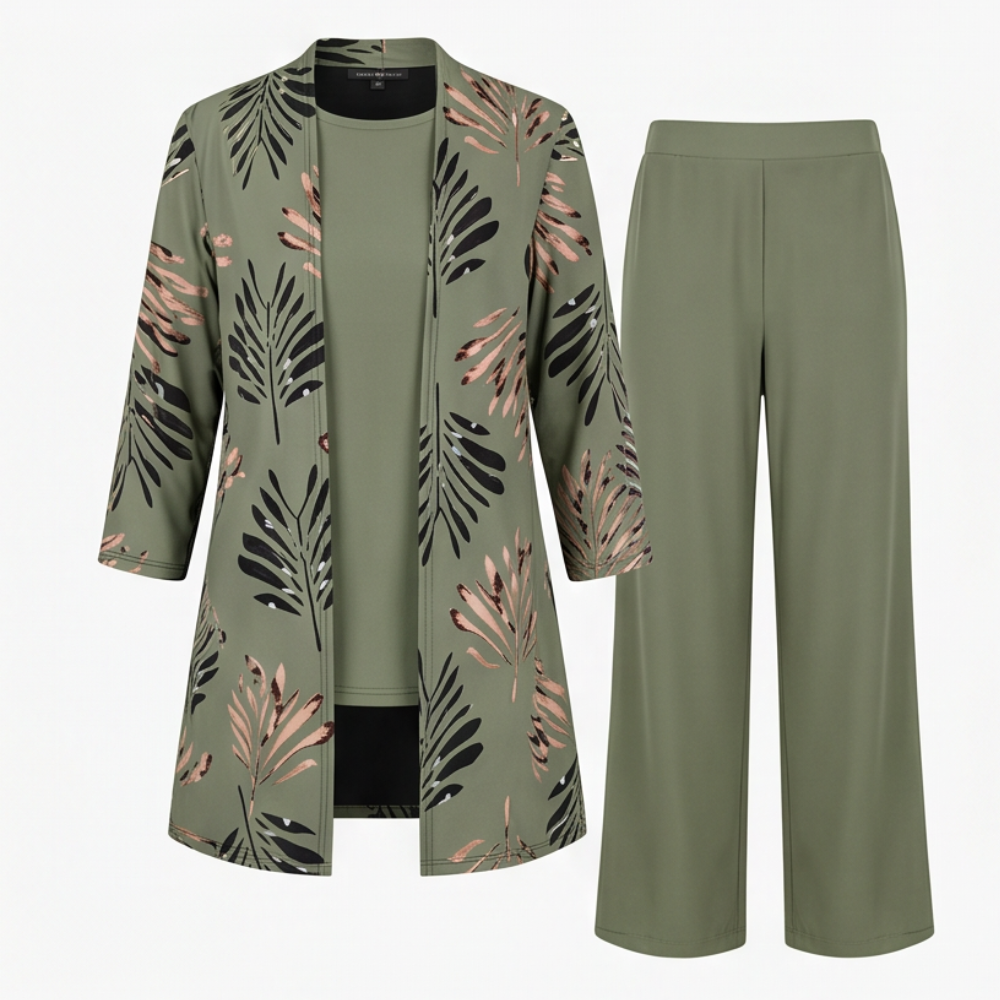 Trielle – Women's 3-Piece Printed Pantsuit Set, Duster, Shell and Wide-Leg Pants