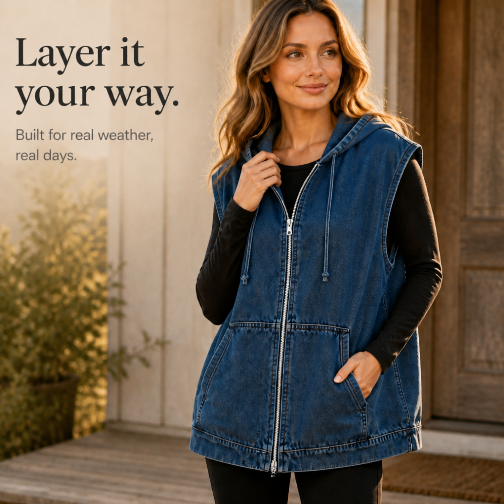 Wearbella – Oversized Hooded Denim-Look Vest
