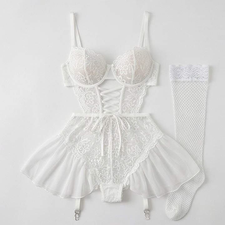 Nocturra – Women's Lace Corset Nightgown Set with Fishnet Stockings