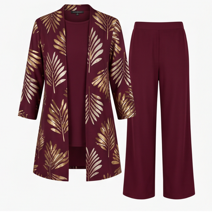 Trielle – Women's 3-Piece Printed Pantsuit Set, Duster, Shell and Wide-Leg Pants