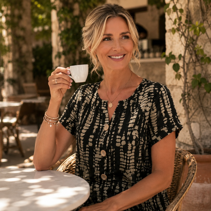 Solara™ – Printed A-Line Shift Dress with Short Sleeves & Buttons