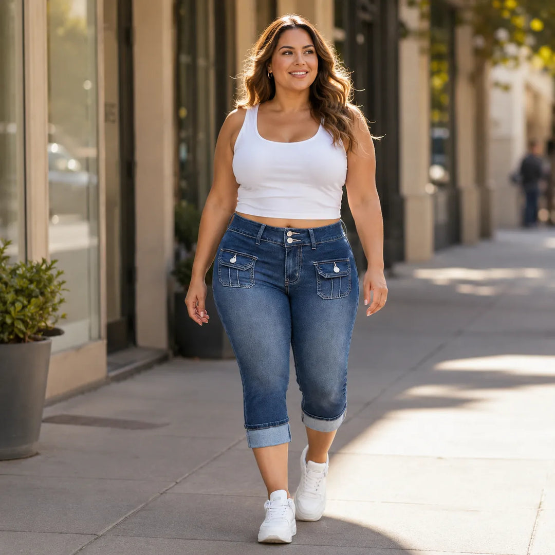 Curvella – Curvy Fit Stretch Denim Capri Jeans, Mid Rise Cuffed Hem