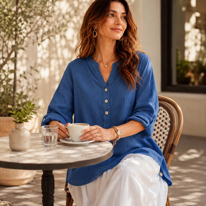 Amberlys – Airy Linen Blouse with V-Neck and Buttons