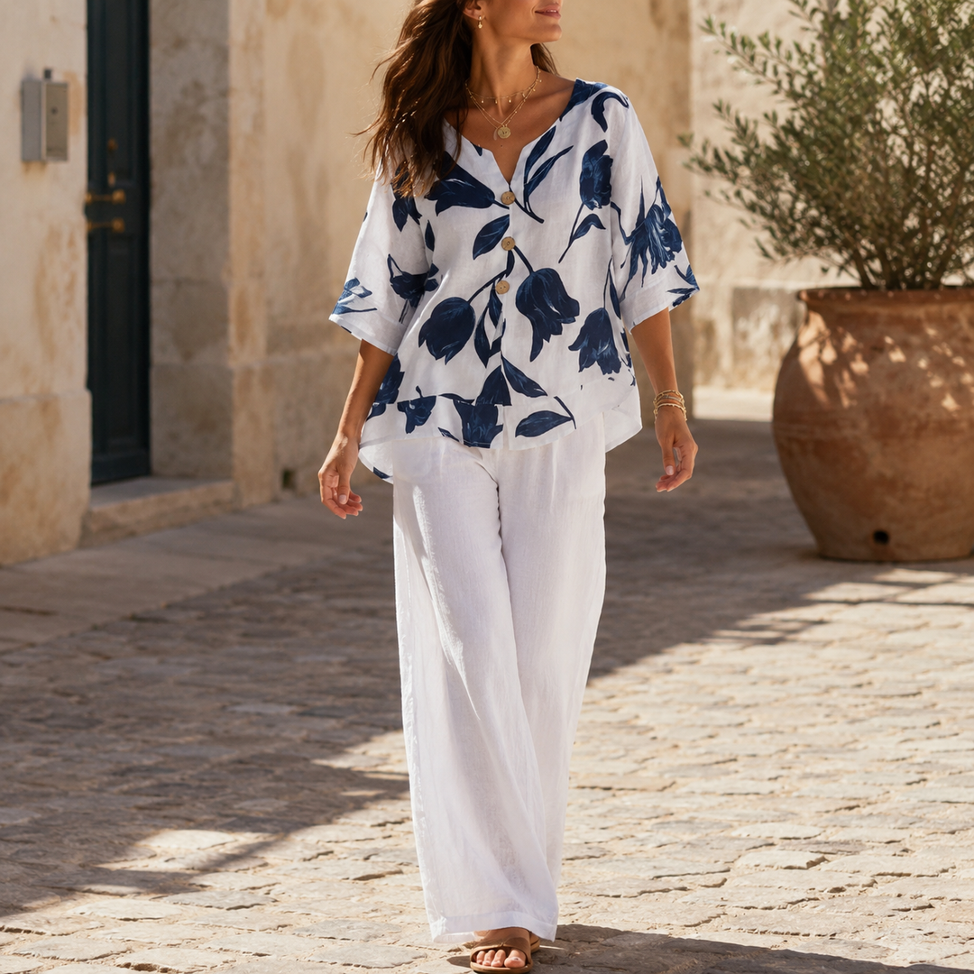 Florelle™ – Floral Linen V-Neck Popover Blouse with 3/4 Sleeves