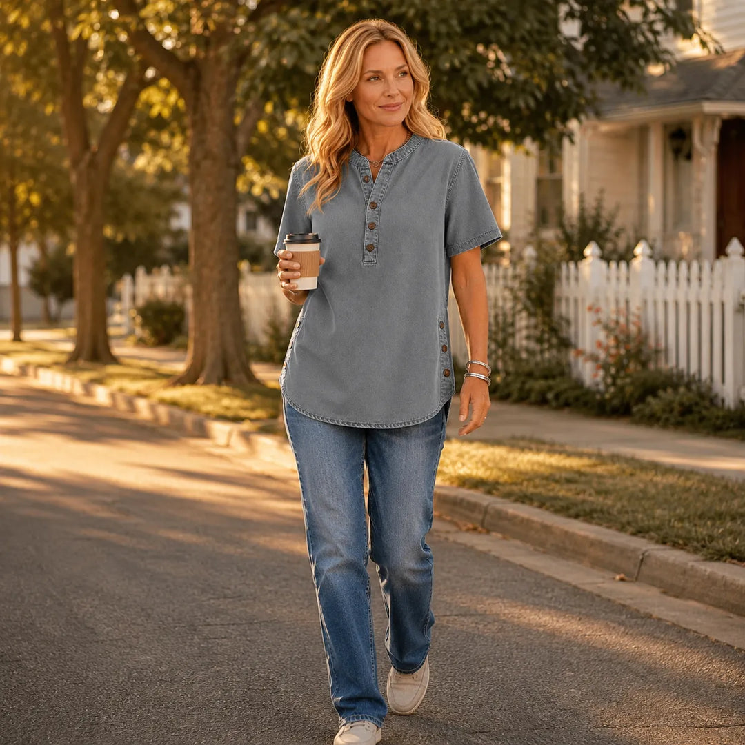 Avelyn – Henley Denim Tunic Top with Side Buttons for Women