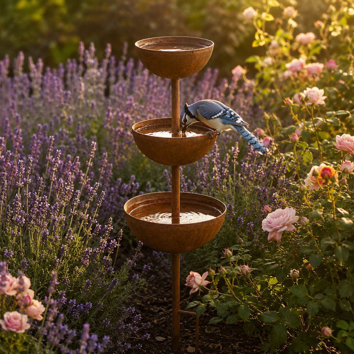 Birdwell™ – Rustic Iron Bird Bath Garden Stake with 3 Cascading Bowls
