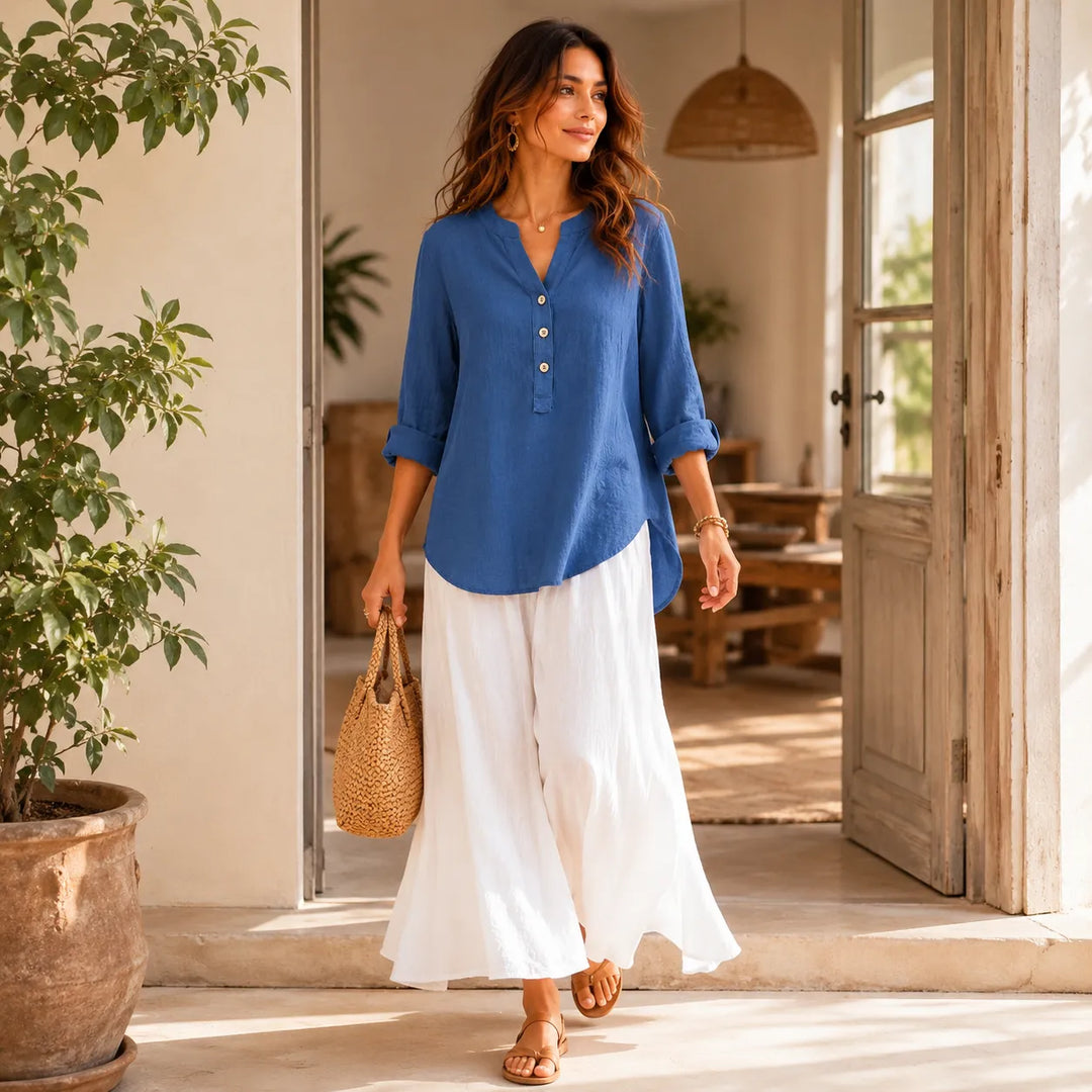 Amberlys – Airy Linen Blouse with V-Neck and Buttons