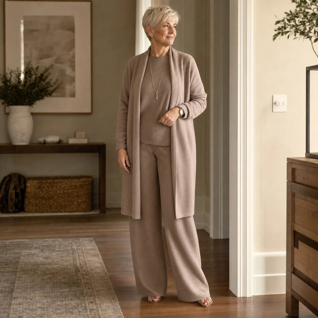 Vivelyn – Three-Piece Matching Set with Wide-Leg Pants and Open Cardigan