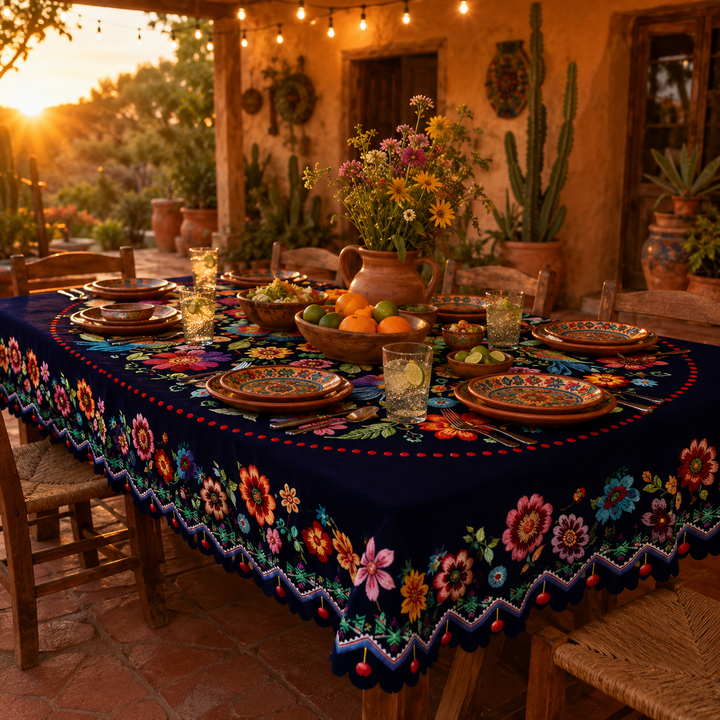 Casamora – Mexican Floral Embroidered Tablecloth with Scalloped Edge