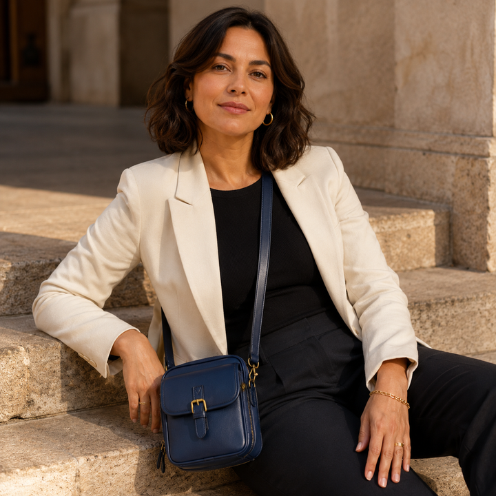 Solene – Structured vegan leather crossbody bag with built-in wallet and glasses compartment
