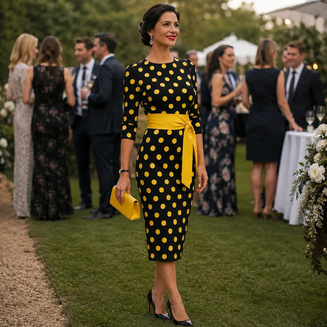 Belora – Retro Polka Dot Midi Dress with Belted Waist