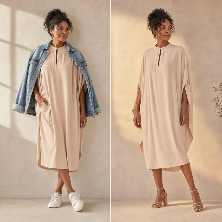 Solenya – Batwing Midi Dress with Keyhole Neckline and Pockets