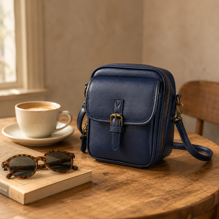 Solene – Structured vegan leather crossbody bag with built-in wallet and glasses compartment