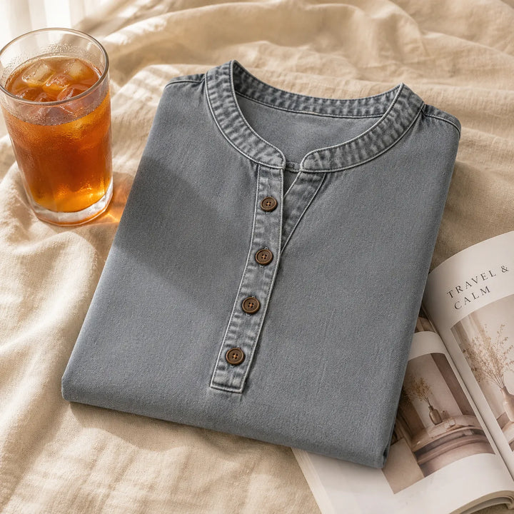Avelyn – Henley Denim Tunic Top with Side Buttons for Women