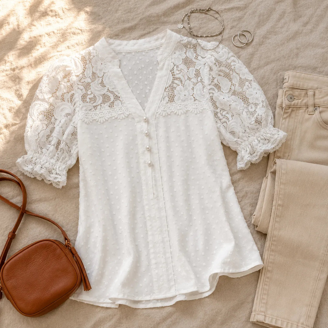 Florenza – Lace-like Shoulder Puff Sleeve V-Neck Blouse for Women