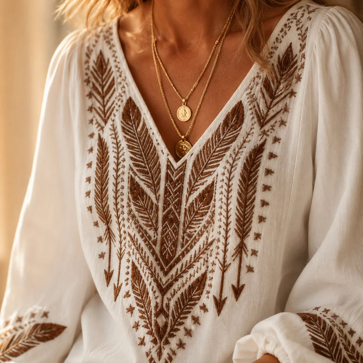 Soluna – Embroidered Boho Blouse, V-Neck, Balloon Sleeve