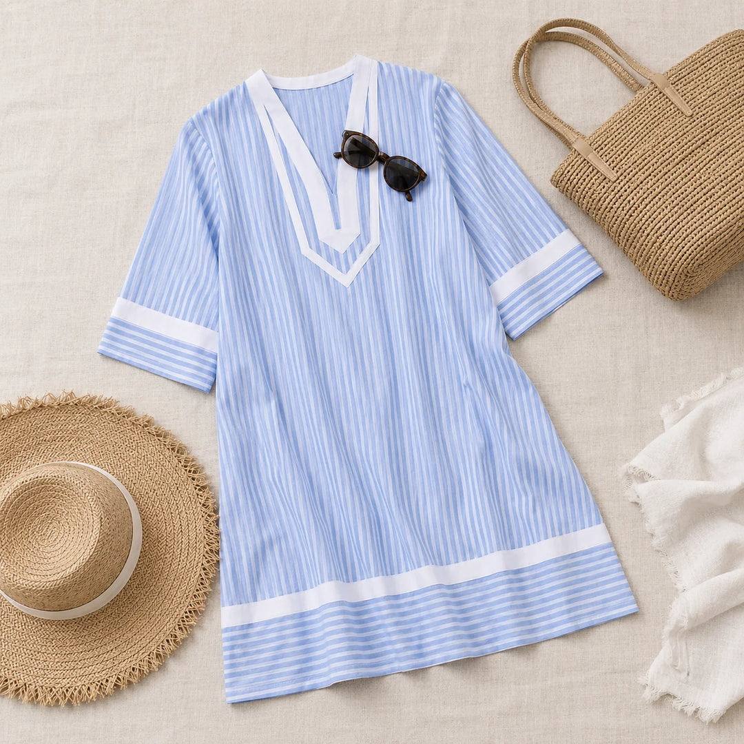 Marivelle – Striped V-Neck Tunic Dress with Pockets
