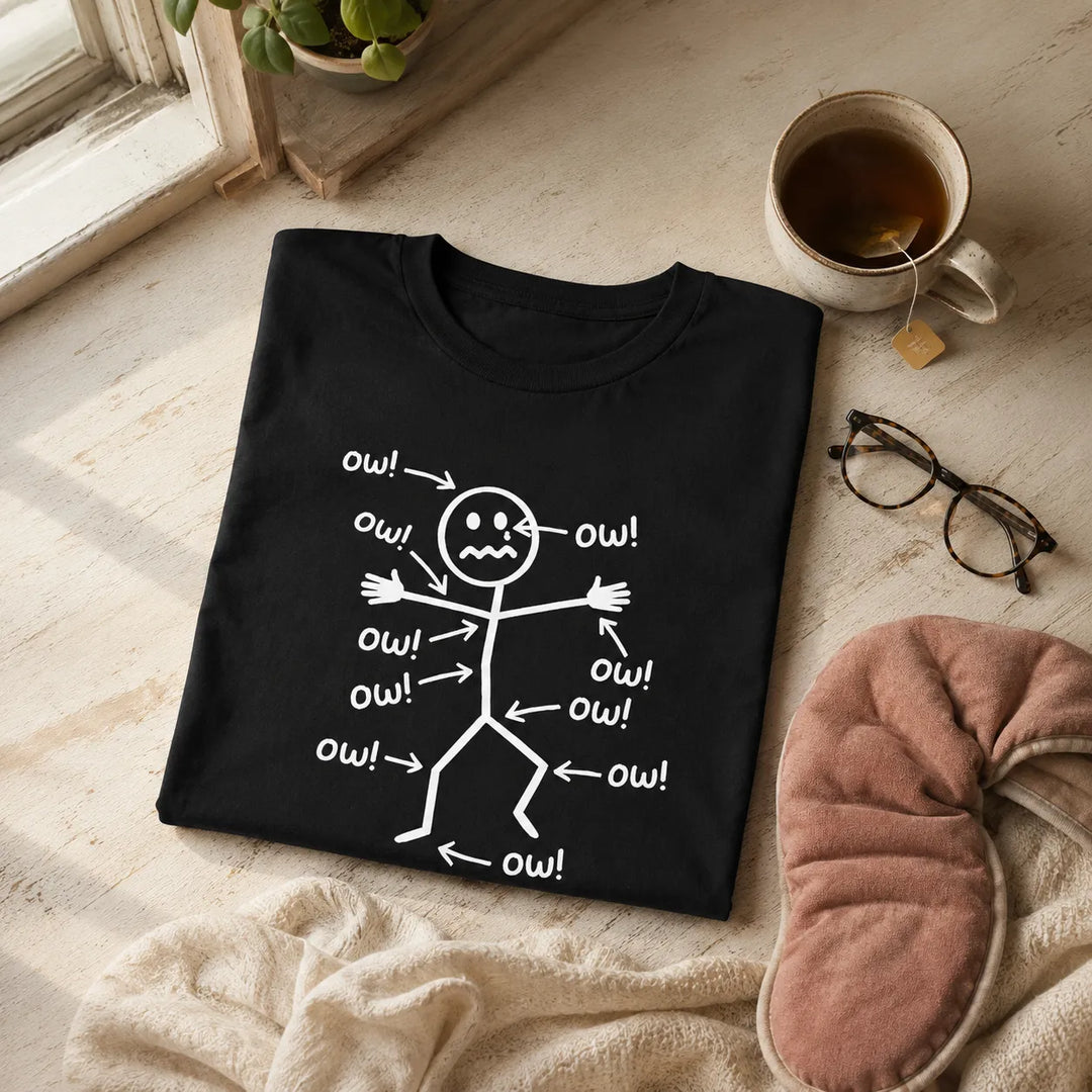 Achewear – Funny "Ow!" Stick Figure Graphic Tee, Relaxed Fit Cotton-like T-Shirt for Women & Men