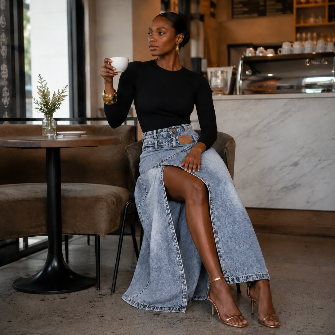 Saviera – Asymmetric Layered Denim Maxi Skirt with High Front Slit