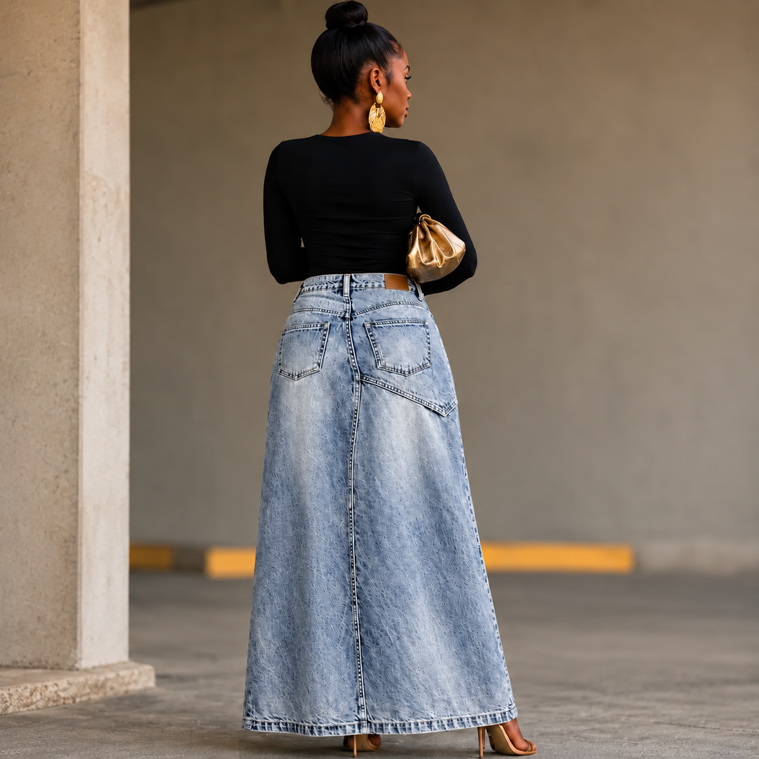 Saviera – Asymmetric Layered Denim Maxi Skirt with High Front Slit