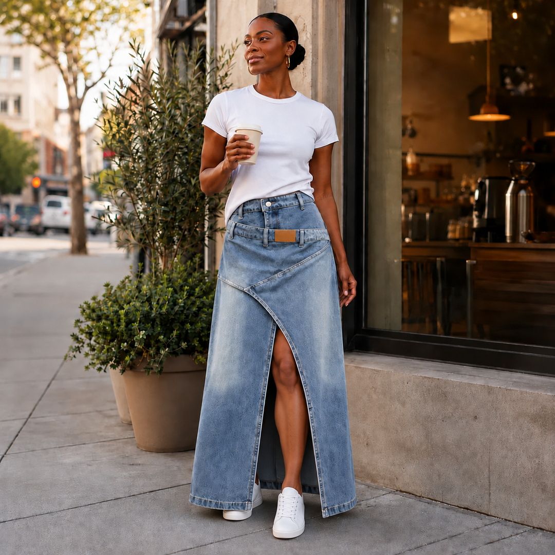 Saviera – Asymmetric Layered Denim Maxi Skirt with High Front Slit