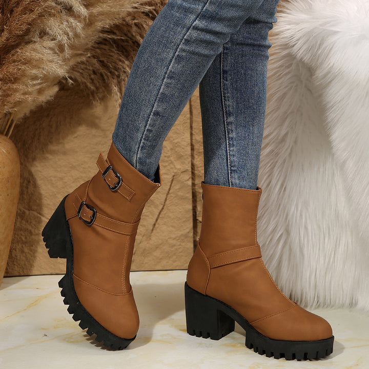 Buckle & Bloom – Double-Buckle Chunky-Heel Ankle Boots