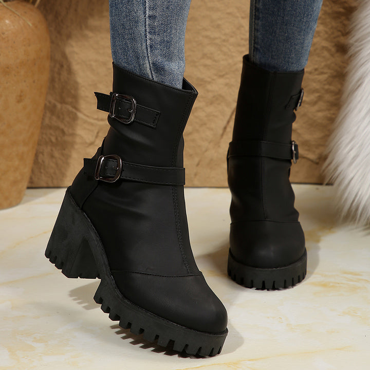 Buckle & Bloom – Double-Buckle Chunky-Heel Ankle Boots