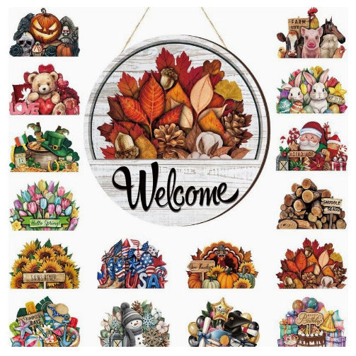 Seasonwell – Round Wooden Welcome Sign With Magnetic Icons