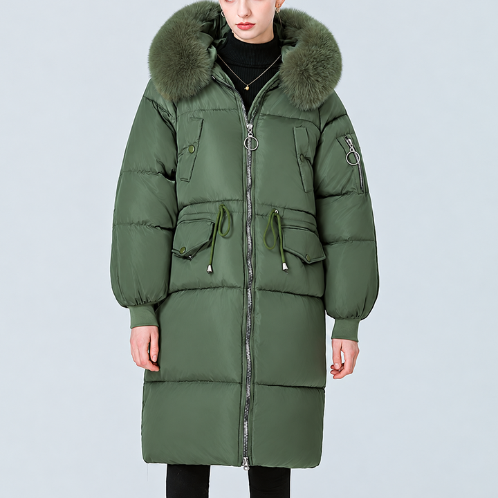 Veluna – Plush Hood Trim Mid-Long Padded Winter Coat
