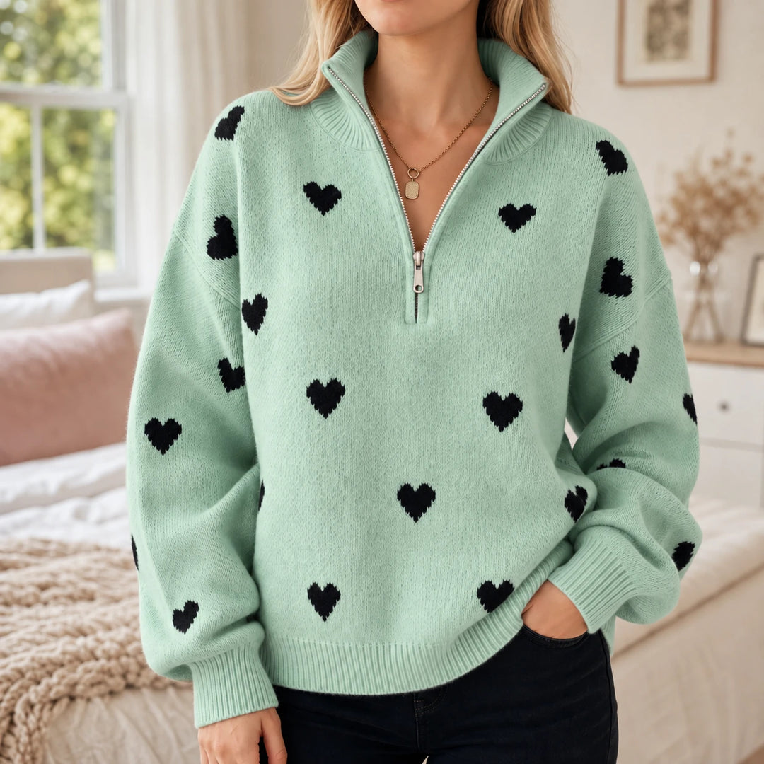 Lovelle – Heart-Pattern Quarter-Zip Sweater
