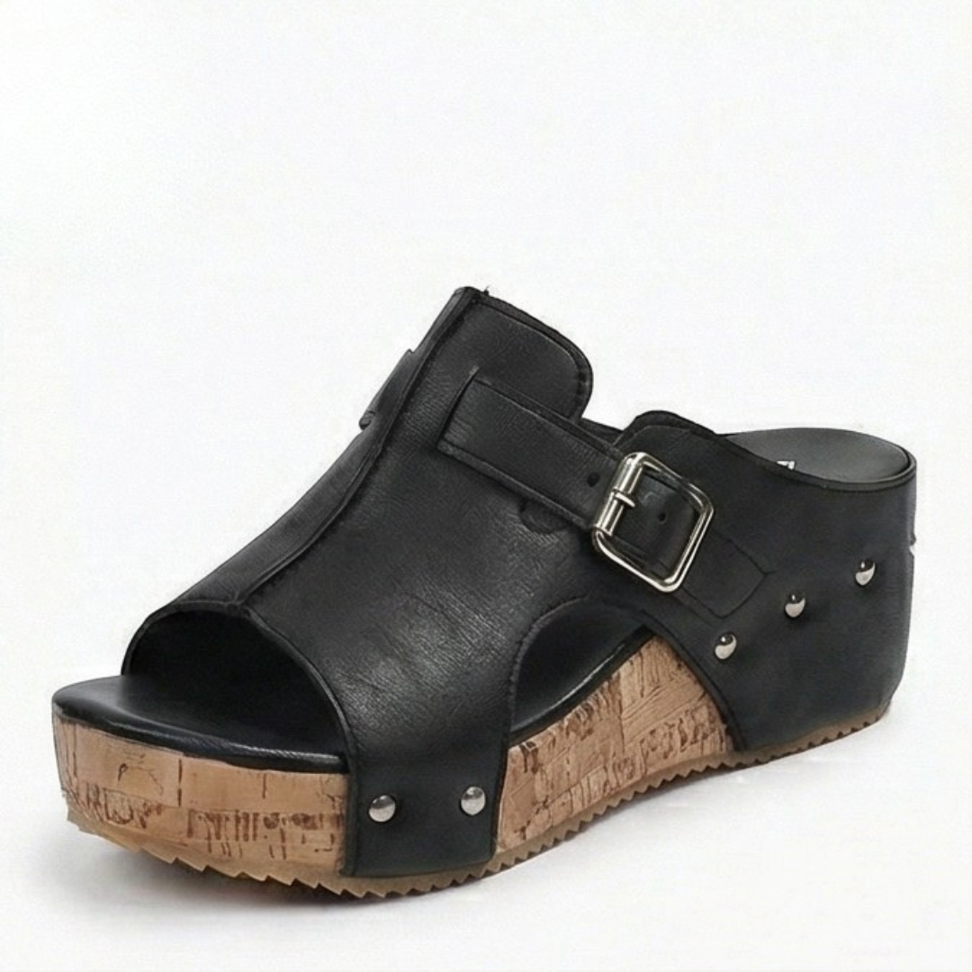 Solana – Retro Cork Wedge Sandals with Rivet Detail