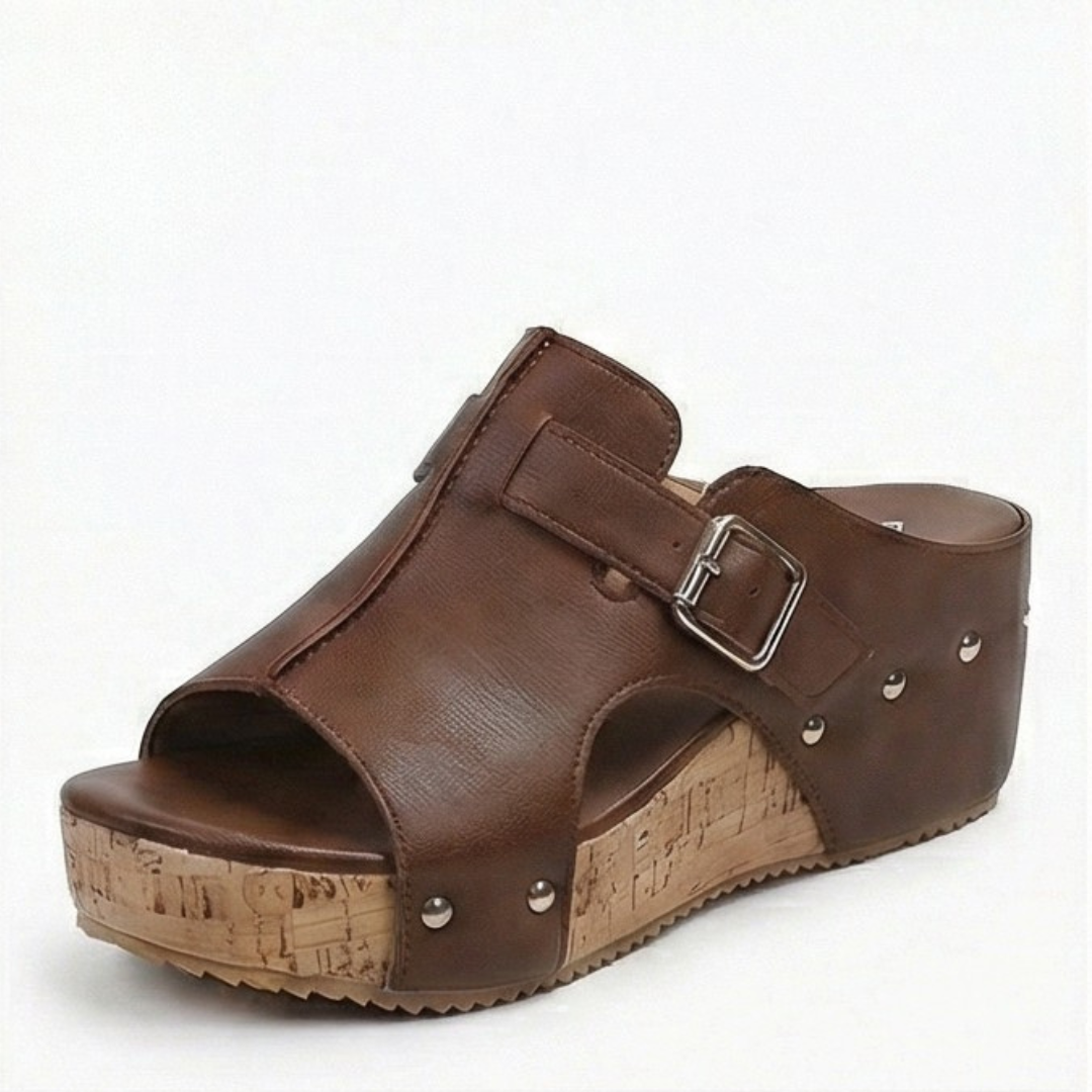 Solana – Retro Cork Wedge Sandals with Rivet Detail