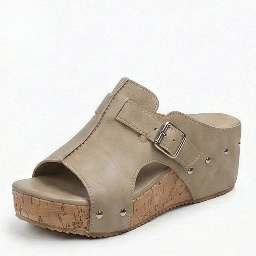 Solana – Retro Cork Wedge Sandals with Rivet Detail