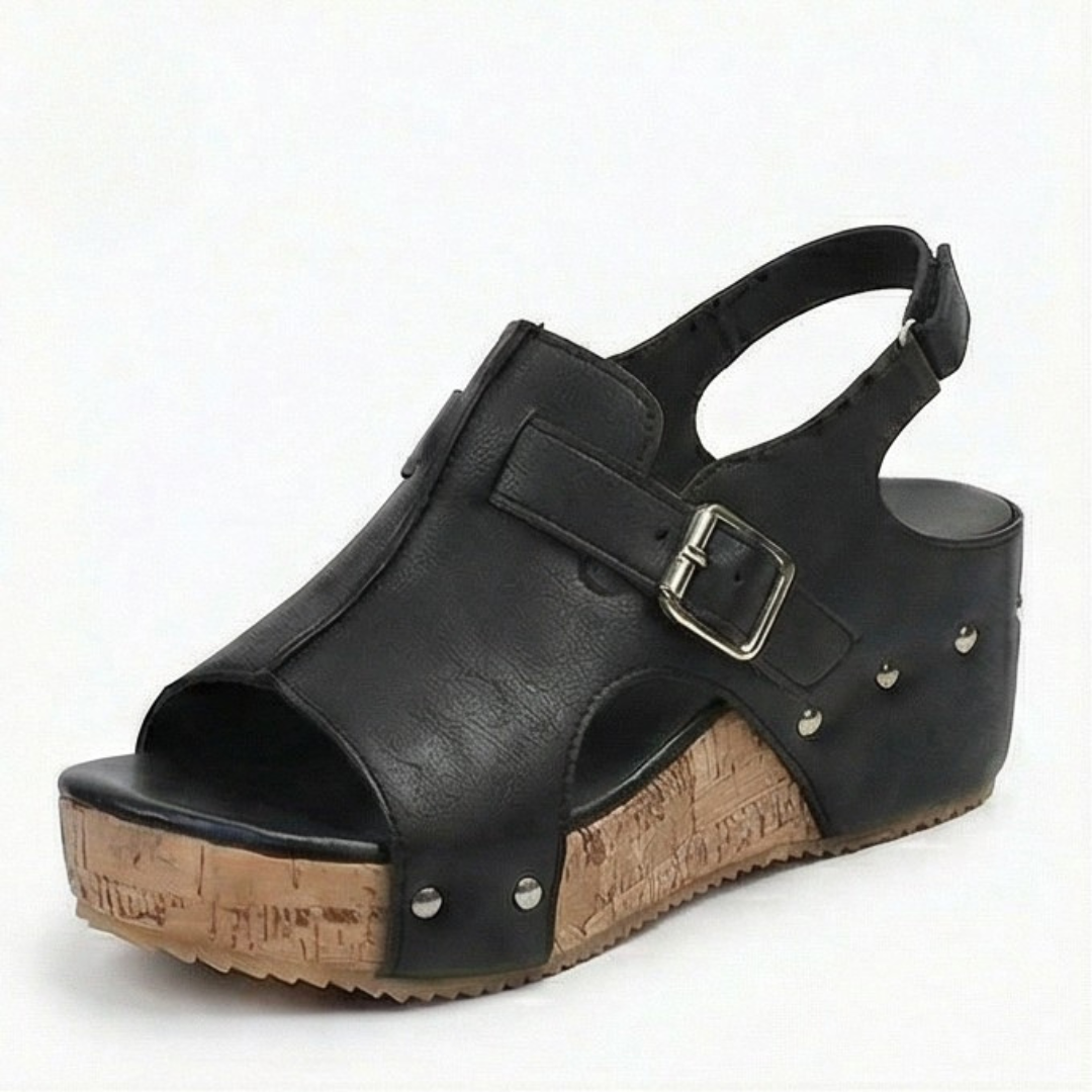 Solana – Retro Cork Wedge Sandals with Rivet Detail