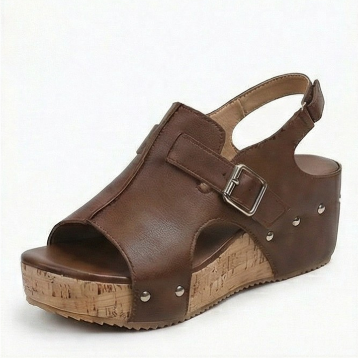 Solana – Retro Cork Wedge Sandals with Rivet Detail