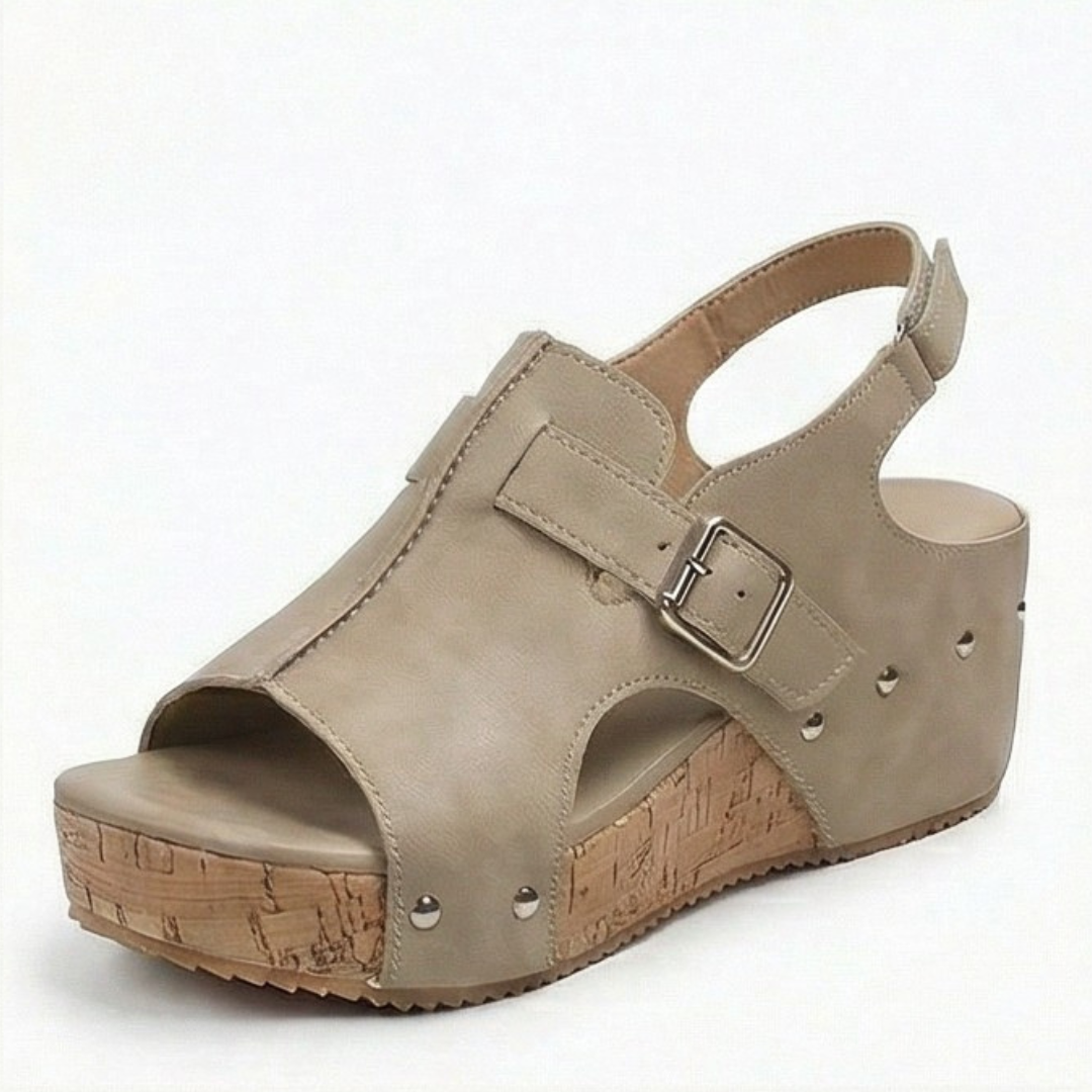 Solana – Retro Cork Wedge Sandals with Rivet Detail