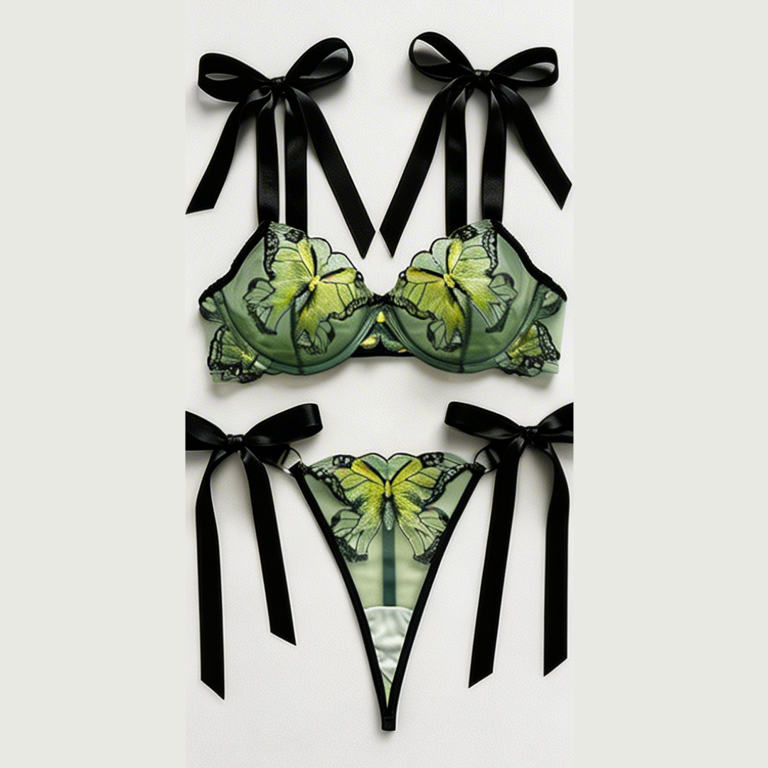Fiorelle – Butterfly Embroidered Mesh Lingerie Set