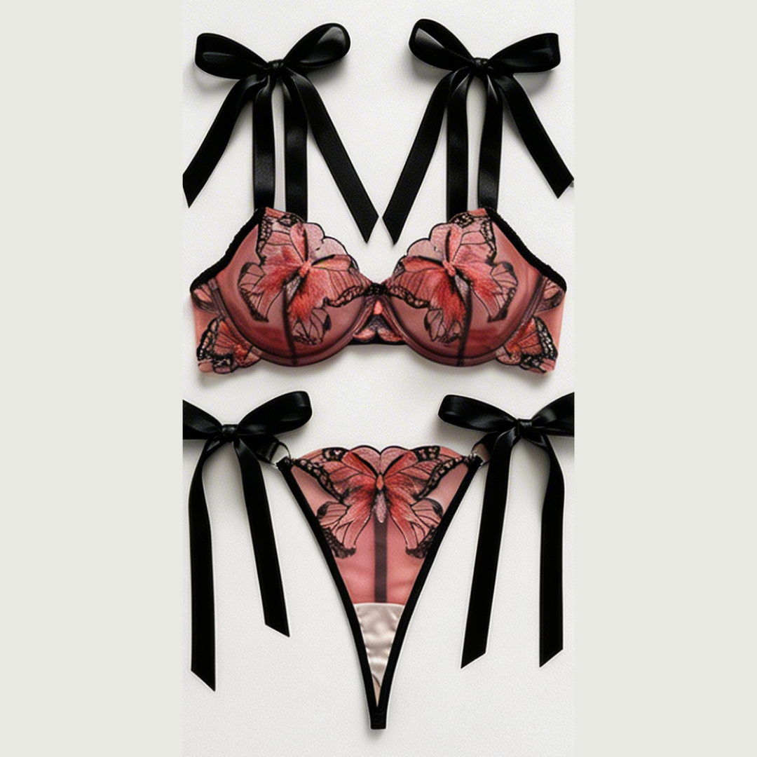 Fiorelle – Butterfly Embroidered Mesh Lingerie Set